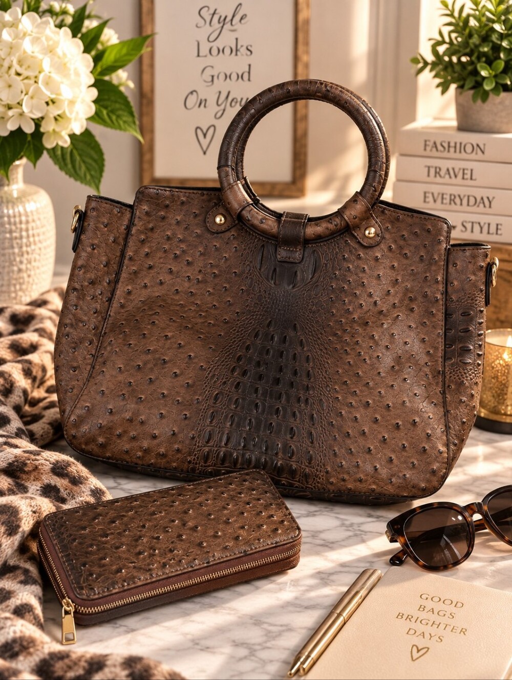Brown Ostrich Embossed Tote Bag Matching Wallet Croc Texture Satchel - Picture 1 of 13
